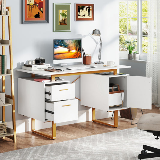 129cm Home Office Desk with Floating Desktop and Dual Drawers-White
