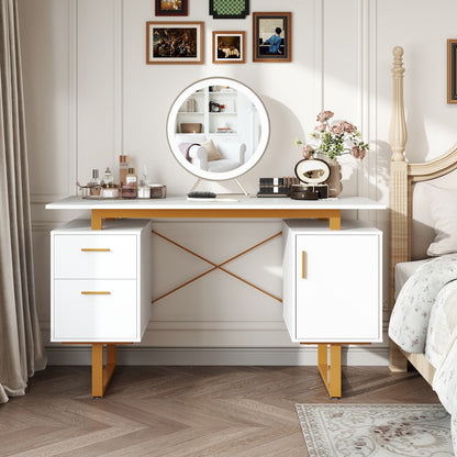 129cm Home Office Desk with Floating Desktop and Dual Drawers-White