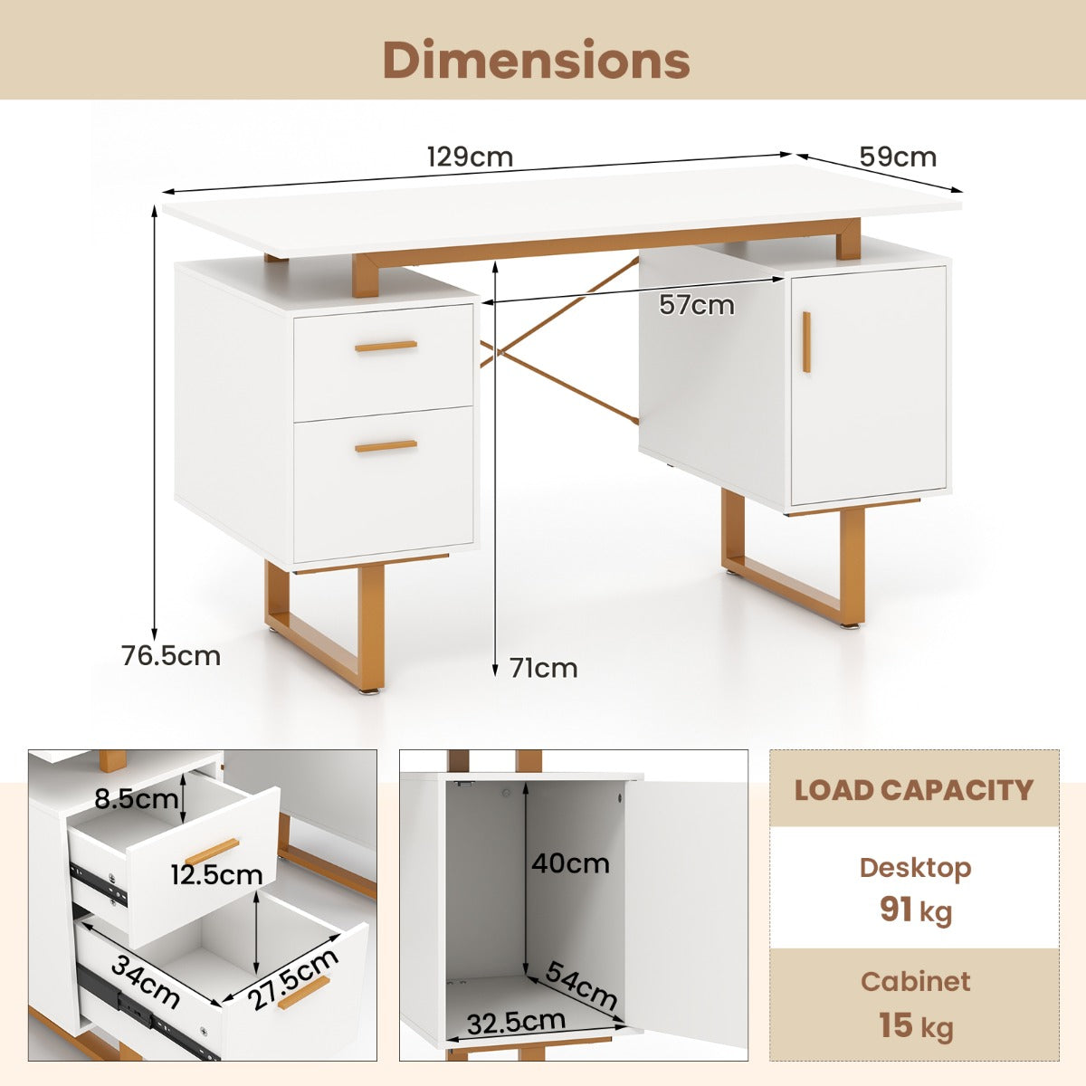 129cm Home Office Desk with Floating Desktop and Dual Drawers-White
