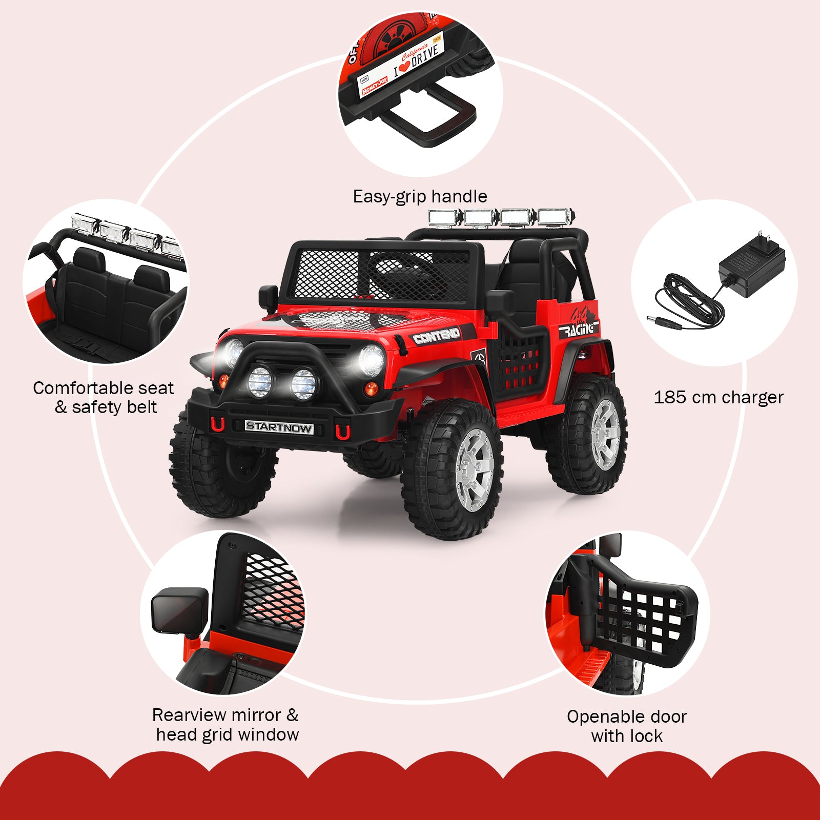 12V Electric Ride-On Car with Parental Remote Control for Ages 3+-Red