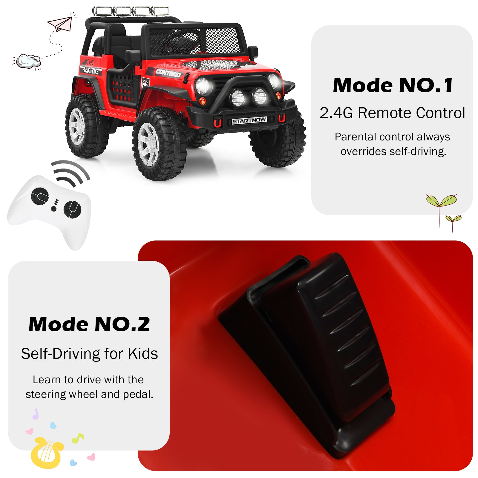 12V Electric Ride-On Car with Parental Remote Control for Ages 3+-Red