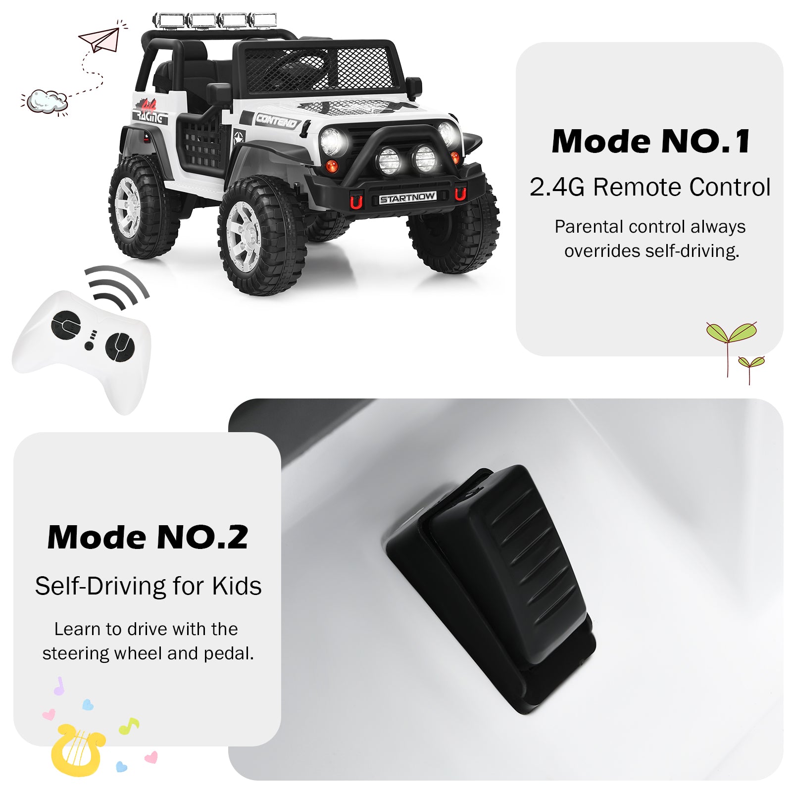 12V Electric Ride-On Car with Parental Remote Control for Ages 3+-White
