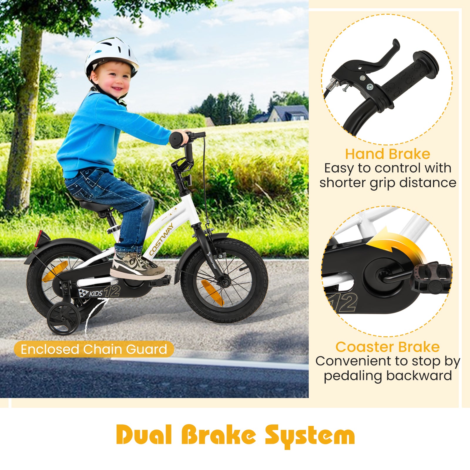 12 Inch Kids Bike Adjustable with Removable Training Wheels for Aged 3-4-White