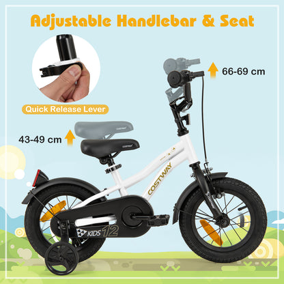 12 Inch Kids Bike Adjustable with Removable Training Wheels for Aged 3-4-White