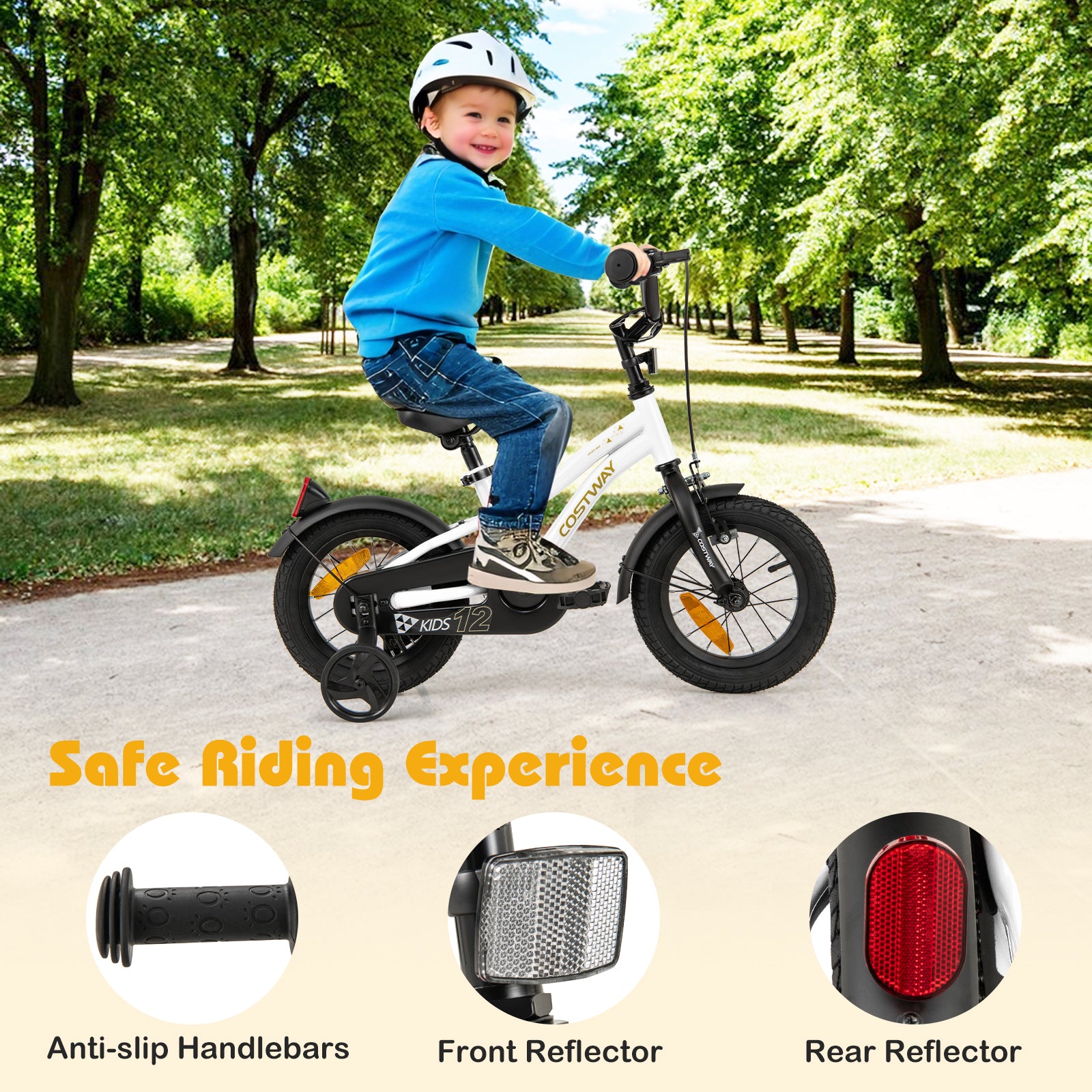12 Inch Kids Bike Adjustable with Removable Training Wheels for Aged 3-4-White