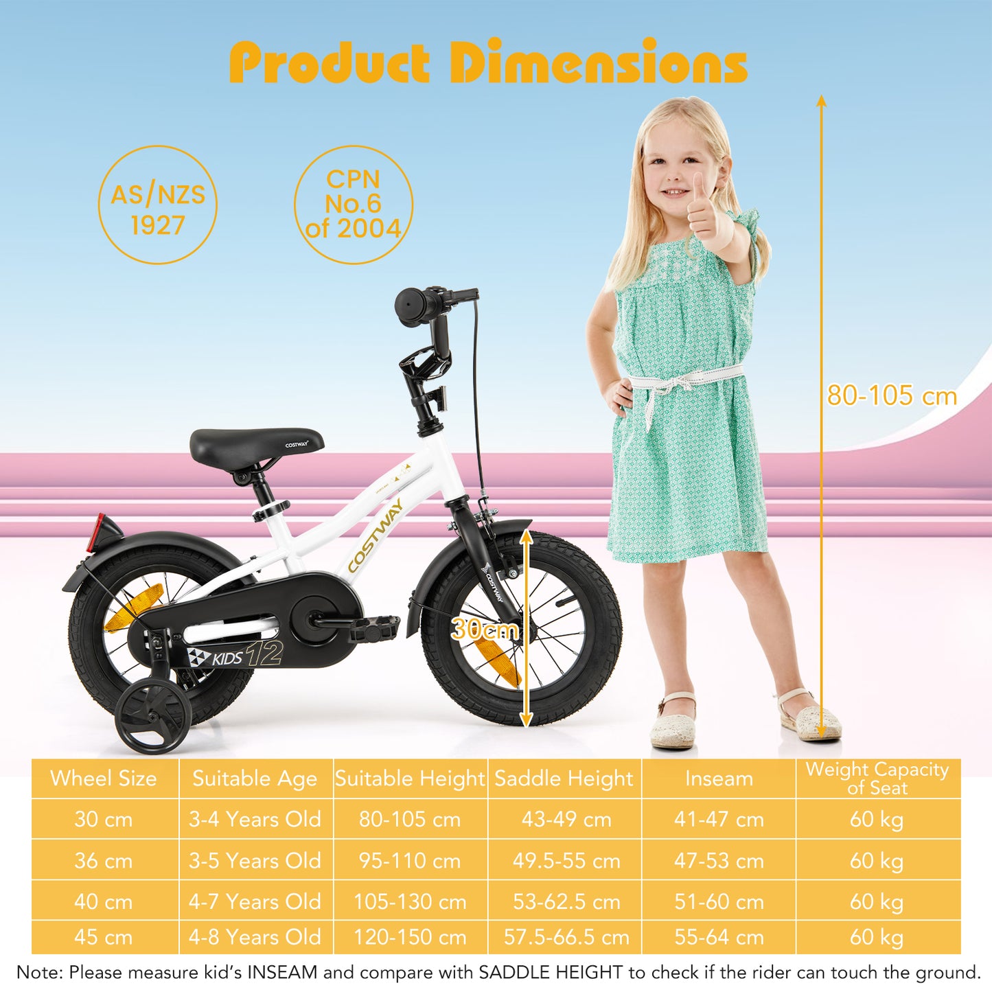 12 Inch Kids Bike Adjustable with Removable Training Wheels for Aged 3-4-White