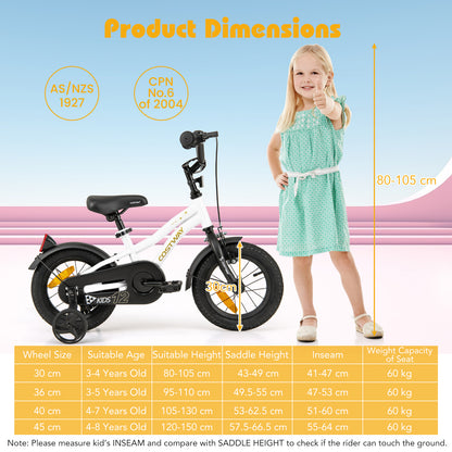 12 Inch Kids Bike Adjustable with Removable Training Wheels for Aged 3-4-White