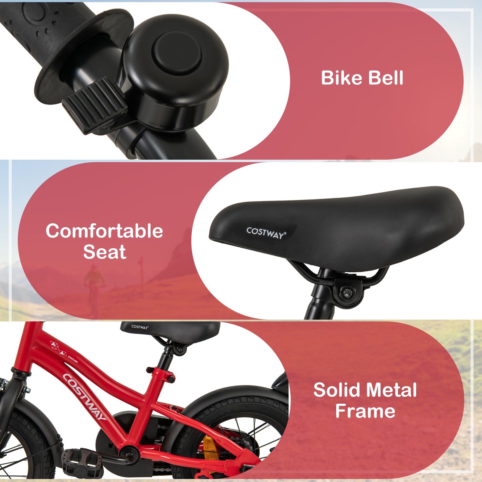12 Inch Kids Bike Adjustable with Removable Training Wheels for Aged 3-4-Red