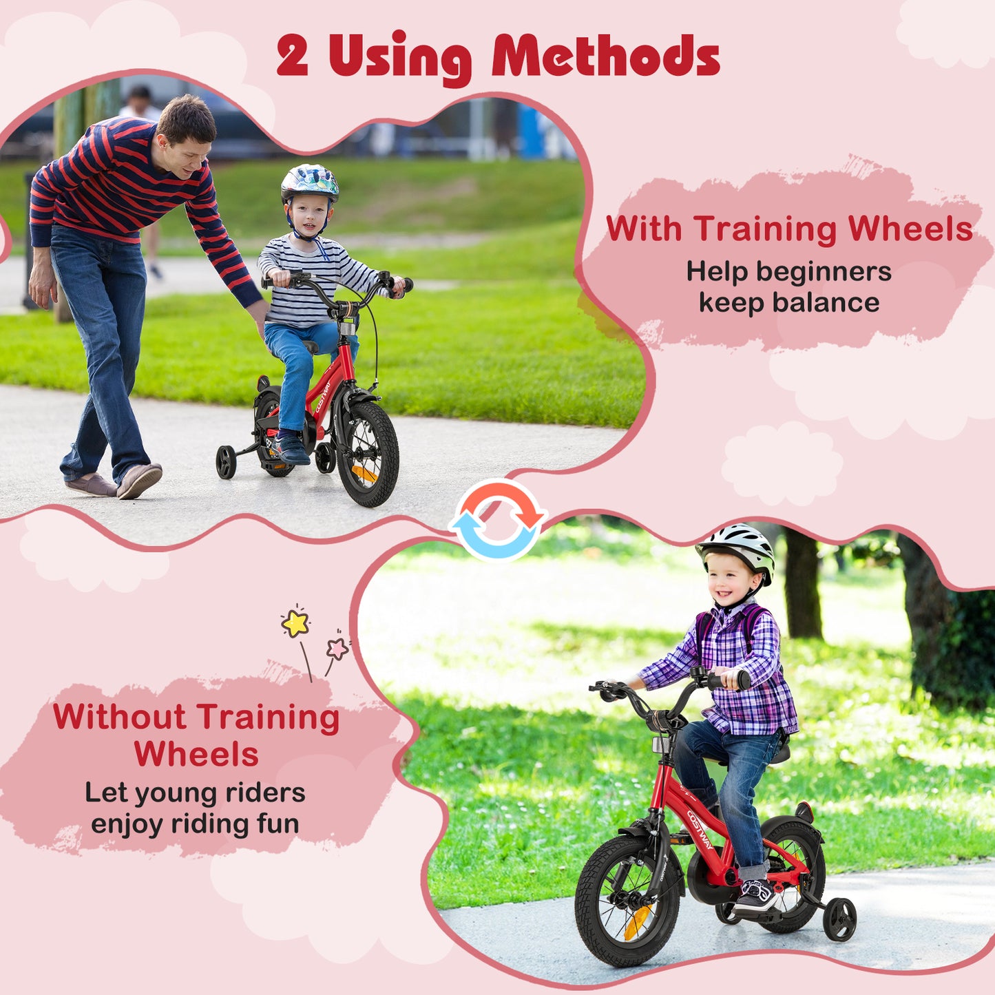 12 Inch Kids Bike Adjustable with Removable Training Wheels for Aged 3-4-Red