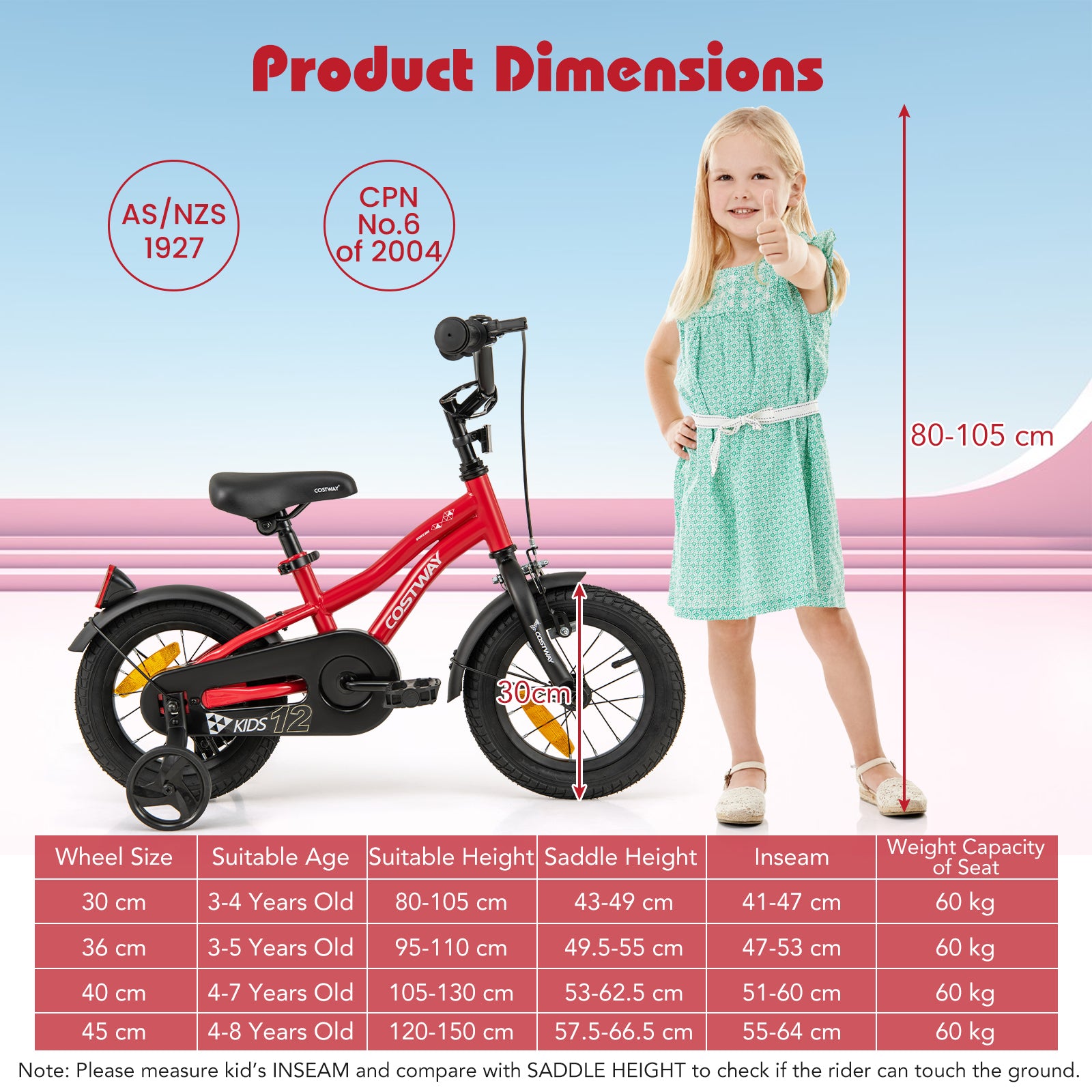 12 Inch Kids Bike Adjustable with Removable Training Wheels for Aged 3-4-Red