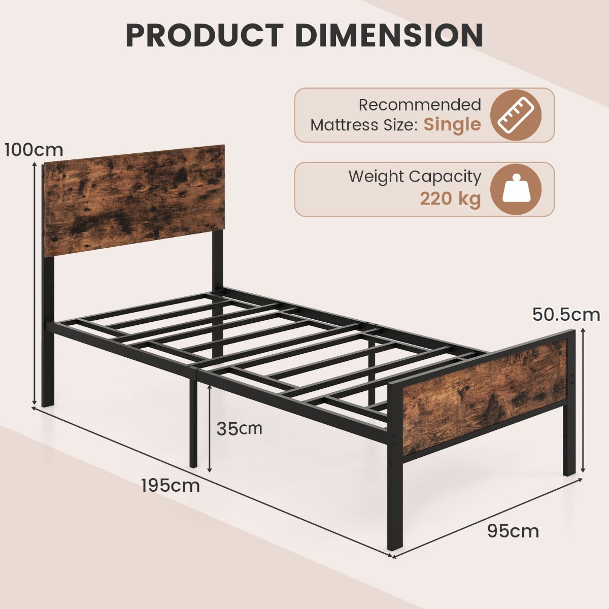 Single platform bed with rustic wood-look headboard and footboard for cozy bedroom style