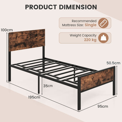 Single platform bed with rustic wood-look headboard and footboard for cozy bedroom style