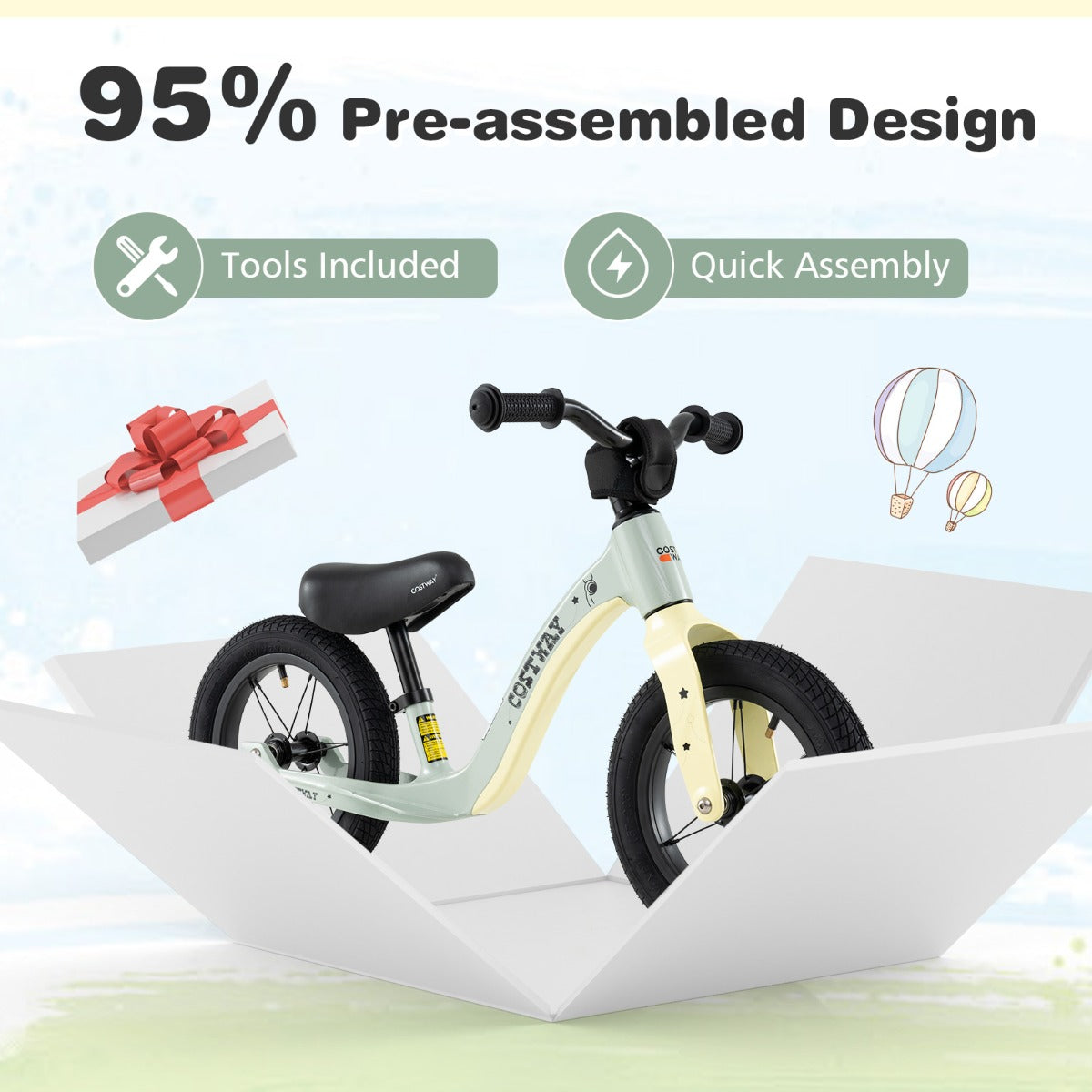 12-Inch Balance Bike with Adjustable Seat and 360° Rotatable Handlebar-Green