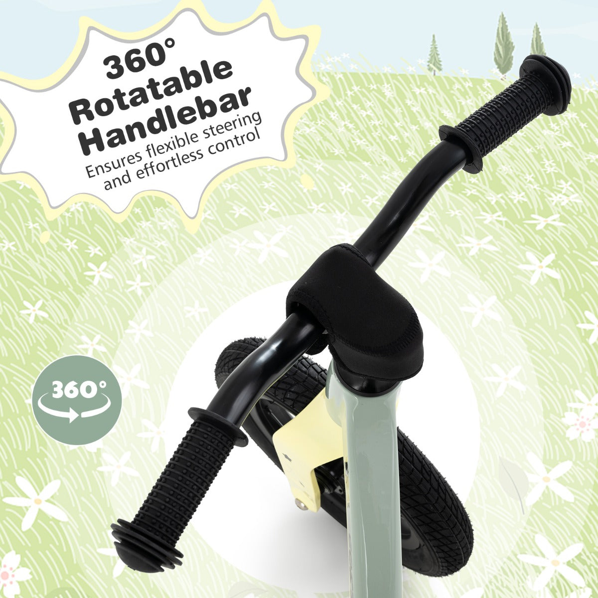 12-Inch Balance Bike with Adjustable Seat and 360° Rotatable Handlebar-Green