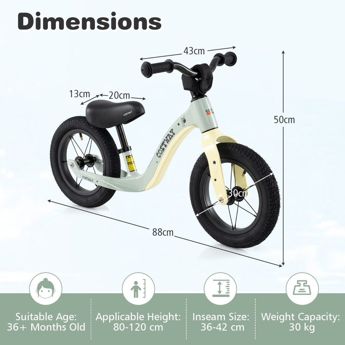 12-Inch Balance Bike with Adjustable Seat and 360° Rotatable Handlebar-Green