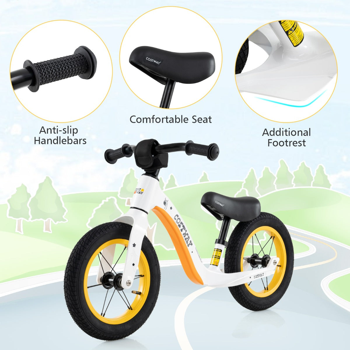 12-Inch Balance Bike with Adjustable Seat and 360° Rotatable Handlebar-White