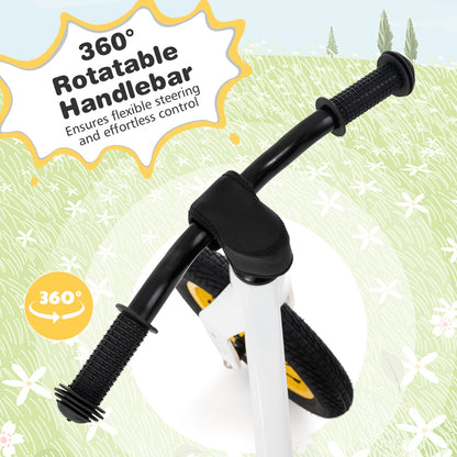12-Inch Balance Bike with Adjustable Seat and 360° Rotatable Handlebar-White