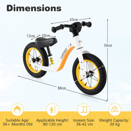 12-Inch Balance Bike with Adjustable Seat and 360° Rotatable Handlebar-White