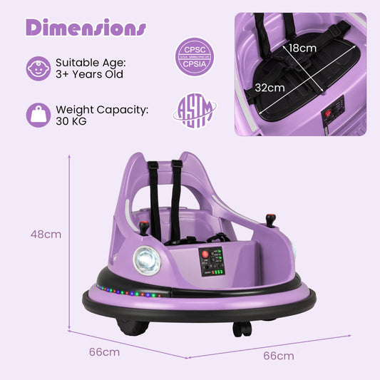 12V Kids Electric Bumper Car with Remote, Music & Lights, Purple