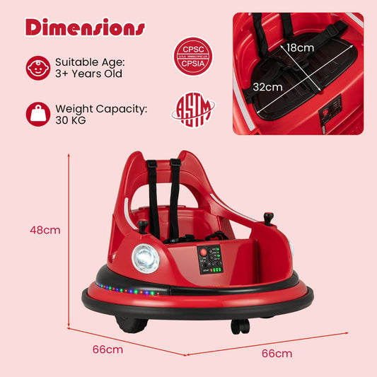 12V Kids Bumper Car with Remote Control, Joysticks, Music & Lights - Red