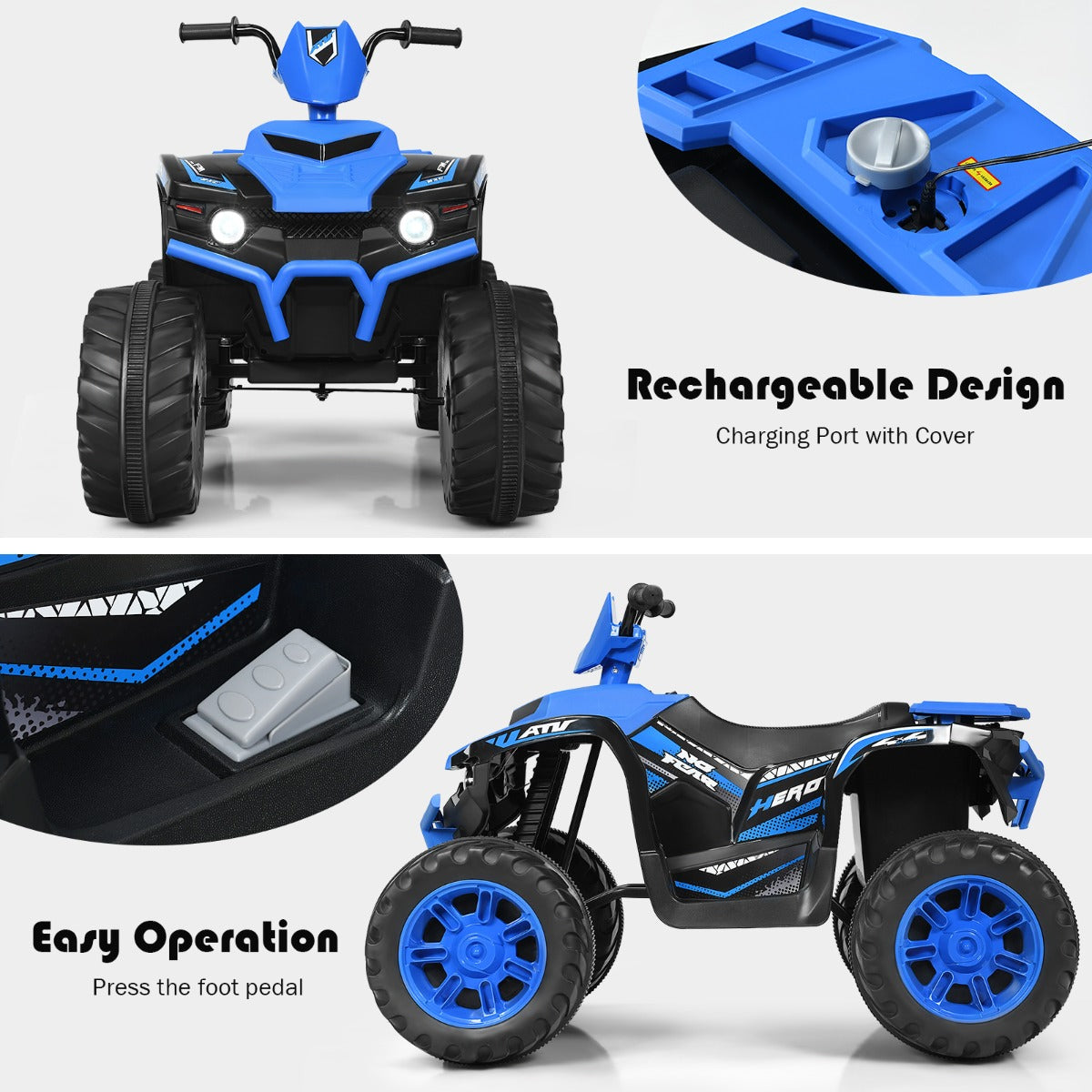 Bright-headlight kids ATV with realistic controls and smooth driving at speeds up to 5 kilometers per hour