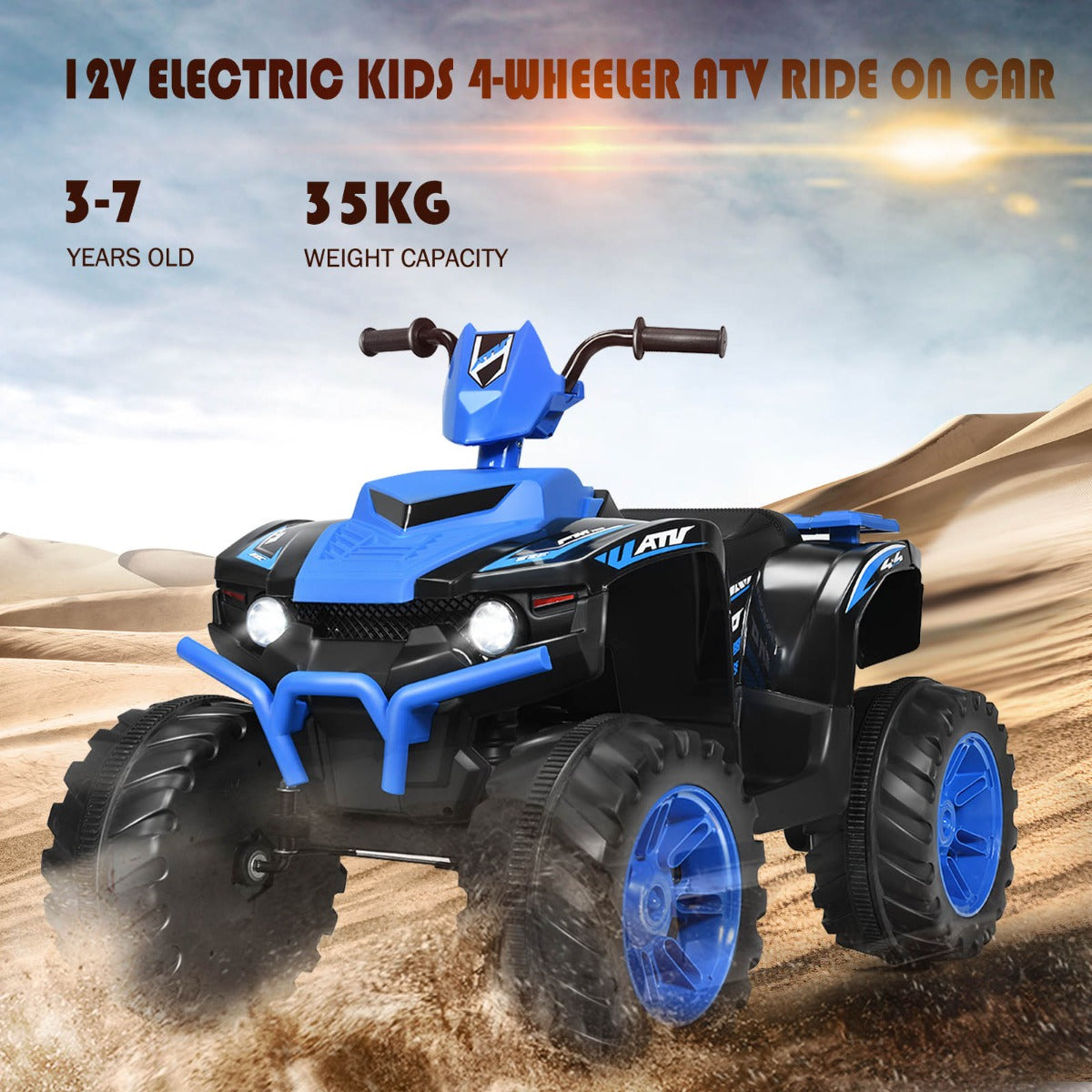 Bright-headlight kids ATV with realistic controls and smooth driving at speeds up to 5 kilometers per hour