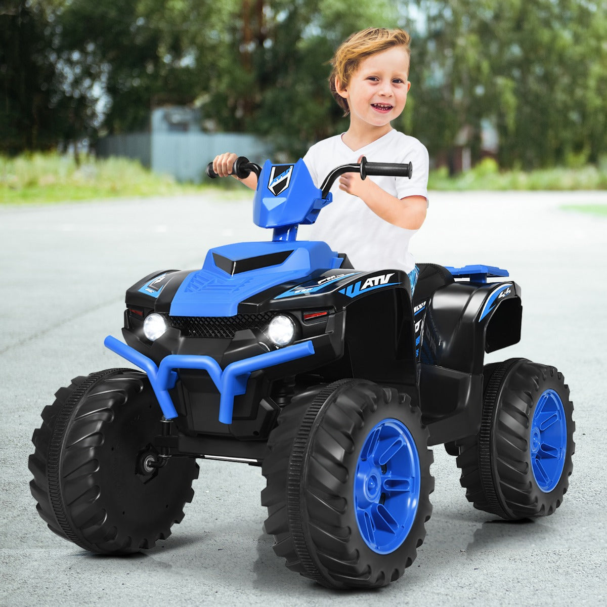 Four-wheel ride-on ATV with large wear-resistant tires for stable riding across indoor and outdoor surfaces