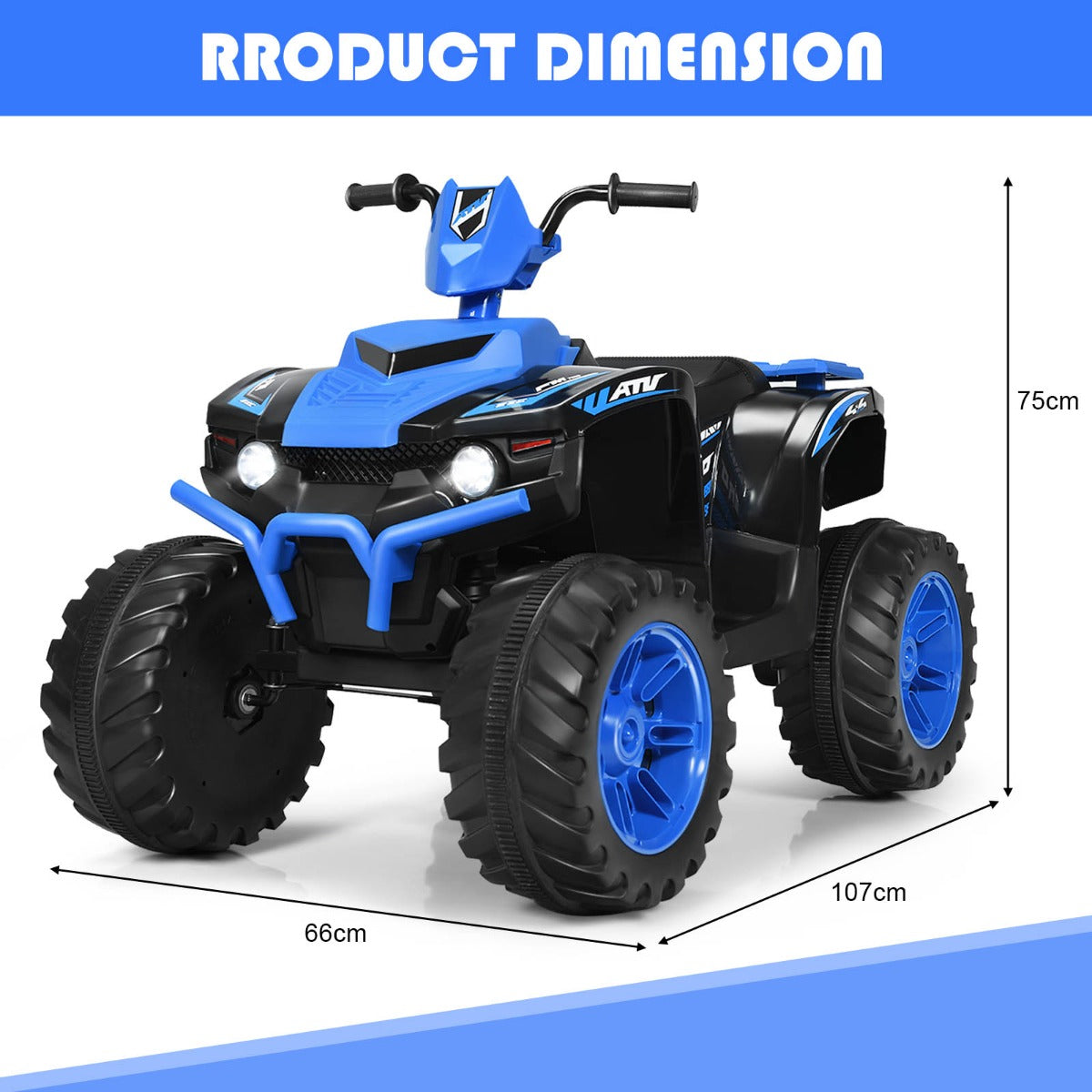 Electric kids ride-on quad ATV with cool styling, bright LED headlights, and a comfortable wide seat