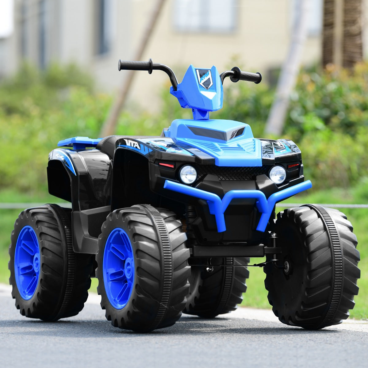Rechargeable 12V ride-on quad with battery display and one to two hours of playtime per charge