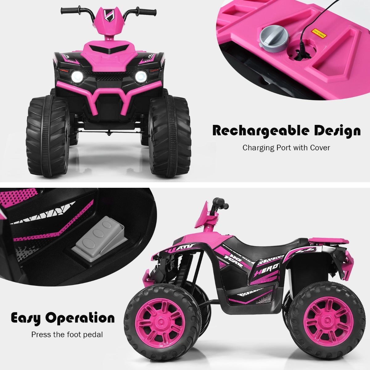 Bright-headlight kids ATV with realistic controls and smooth driving at speeds up to 5 kilometers per hour