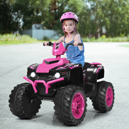 Four-wheel ride-on ATV with large wear-resistant tires for stable riding across indoor and outdoor surfaces