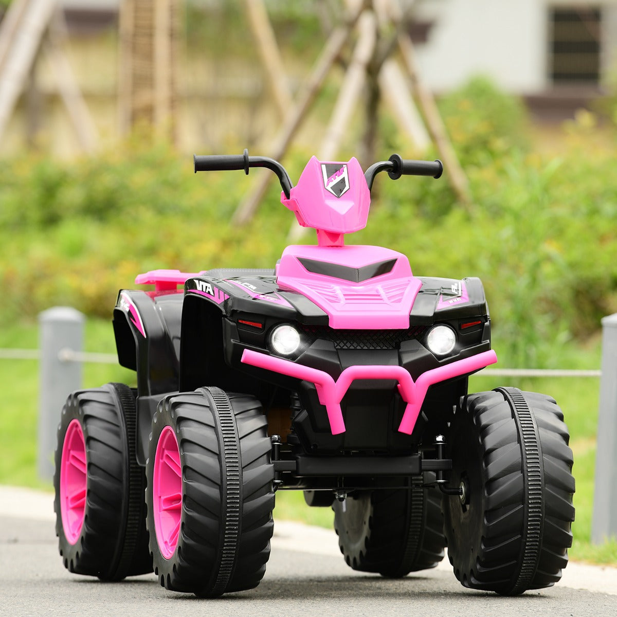 Rechargeable 12V ride-on quad with battery display and one to two hours of playtime per charge