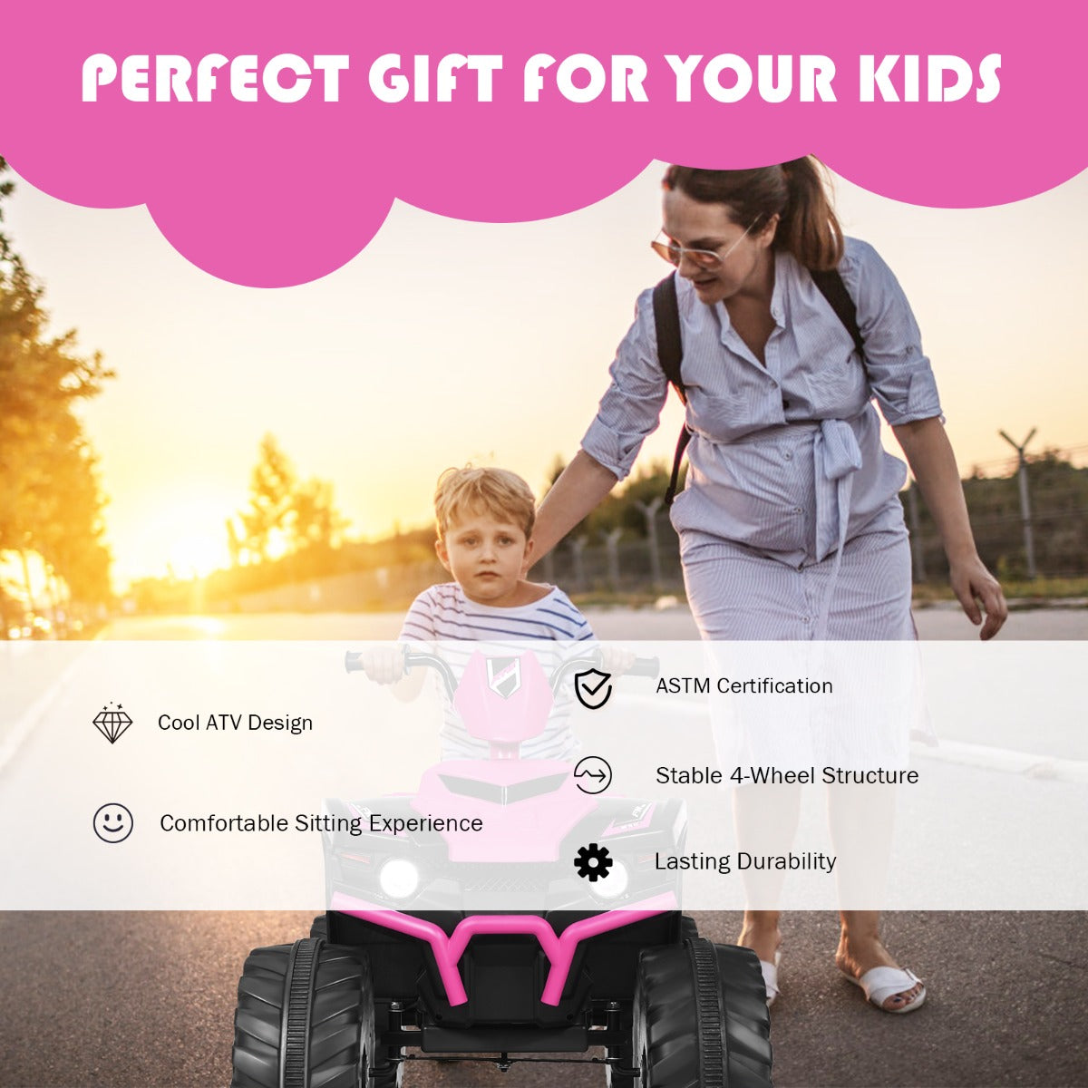 Comfortable kids ride-on quad with wide seat and durable wheels supporting up to 35 kilograms