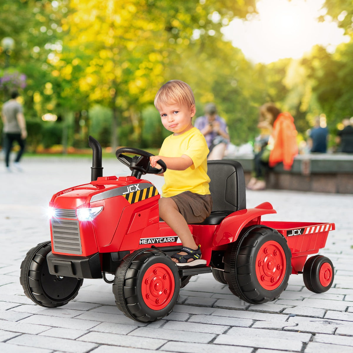 Detachable trailer lets children carry leaves, toys, flowers, blocks, and other imaginative treasures