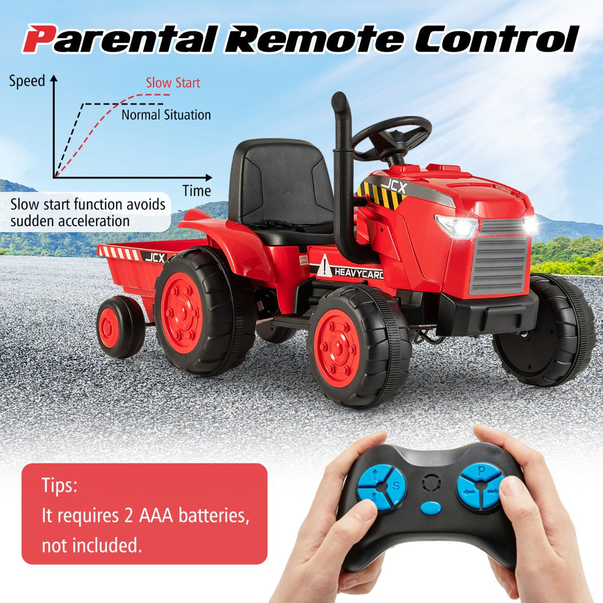 12V electric kids ride-on tractor with detachable trailer, simulated chimney, LED headlights, and cool shell