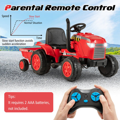 12V electric kids ride-on tractor with detachable trailer, simulated chimney, LED headlights, and cool shell