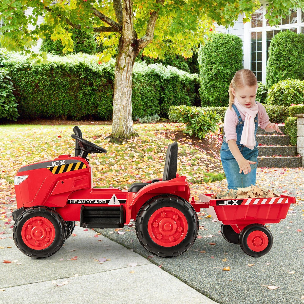 Green, pink, or red kids tractor with horn, music, radio, MP3, USB, and wireless entertainment features
