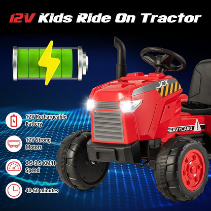 12V rechargeable tractor offers one to two hours of playtime and supports children up to 30 kilograms