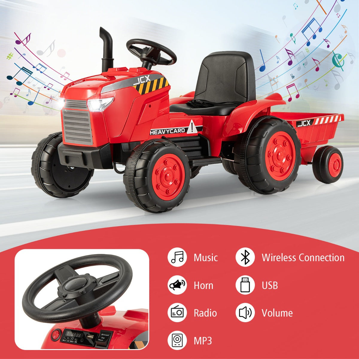 Realistic kids farm vehicle with bright headlights and simulated chimney for imaginative outdoor adventures