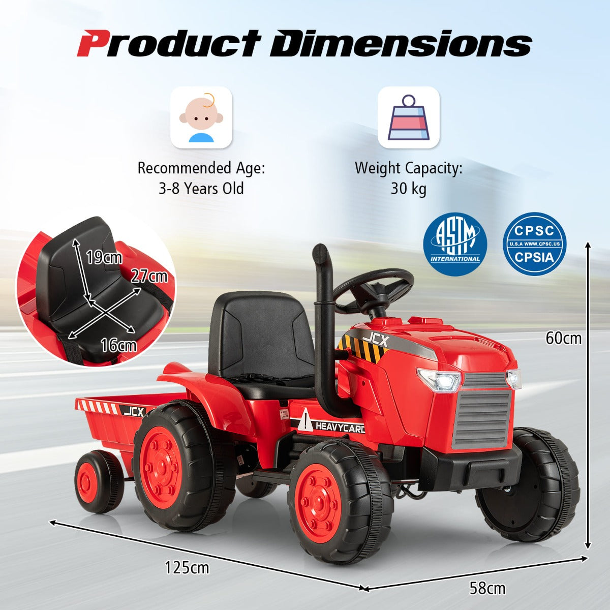Kids tractor with manual steering, foot pedal, forward and reverse buttons, plus parental remote control