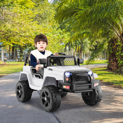Kids electric vehicle with USB port, Aux input, preset stories, and steering wheel music controls
