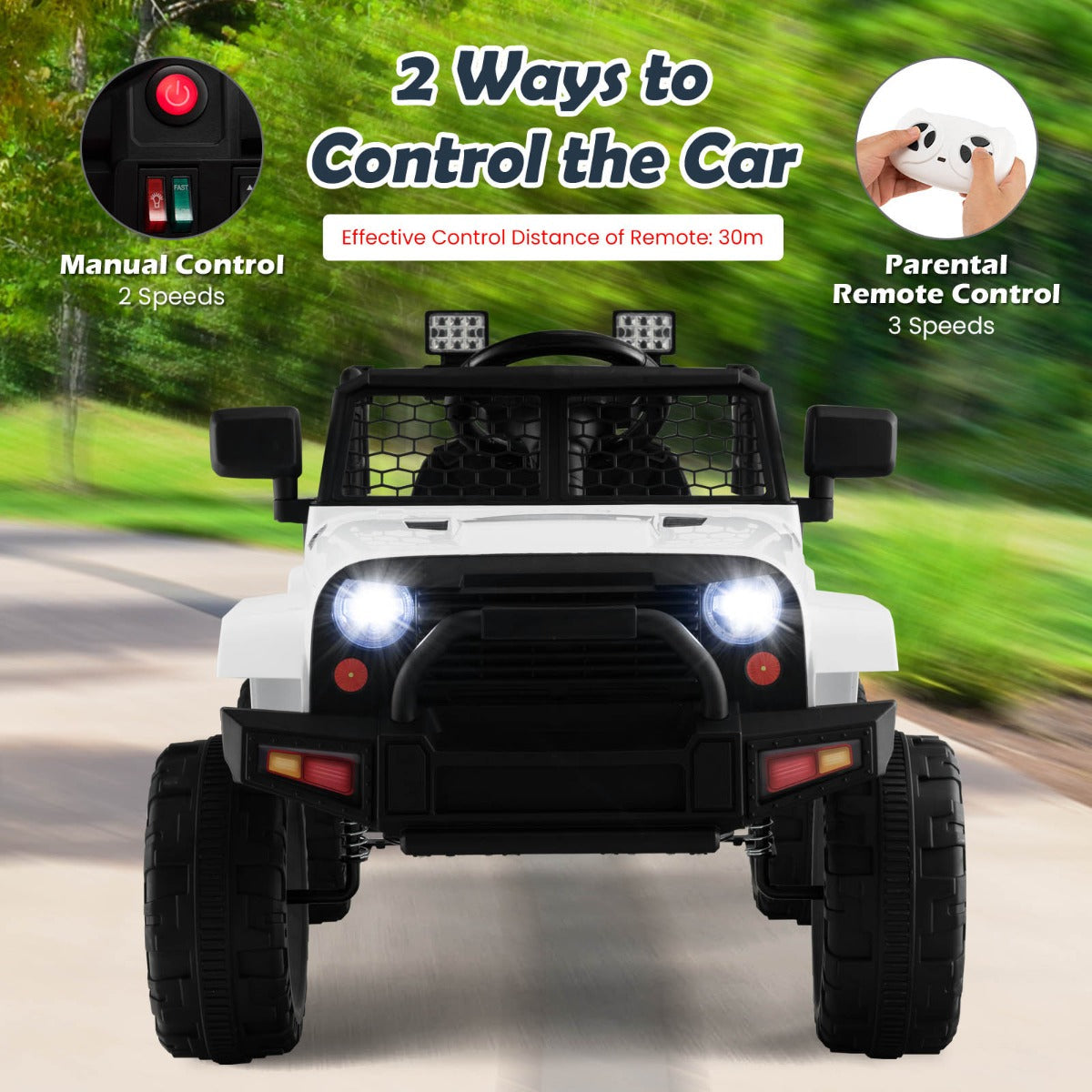Ride-on truck with slow start function, safety belt, door locks, and four shock-absorbing springs