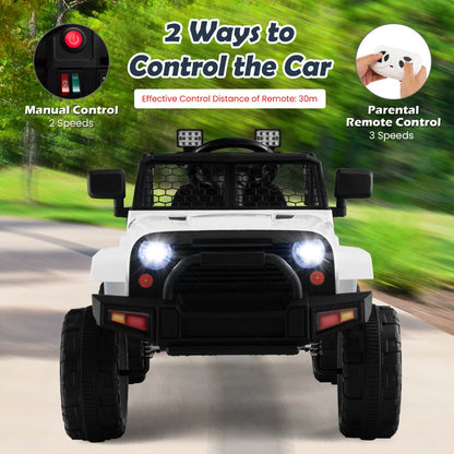 Ride-on truck with slow start function, safety belt, door locks, and four shock-absorbing springs