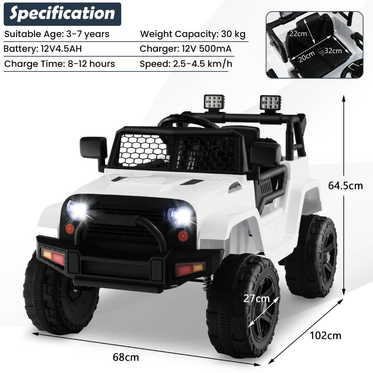 Well-made 12V kids ride-on truck with bright headlights, honeycomb windshield, and cool realistic styling