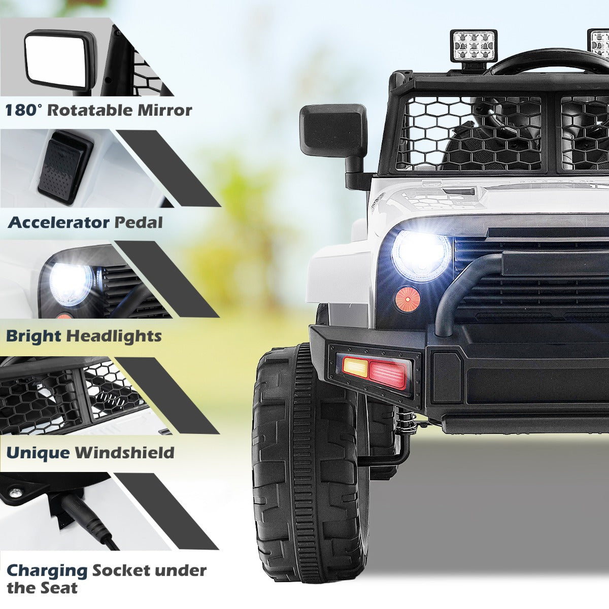 Realistic children's ride-on car with 180-degree rotating mirrors and bright headlights for nighttime play