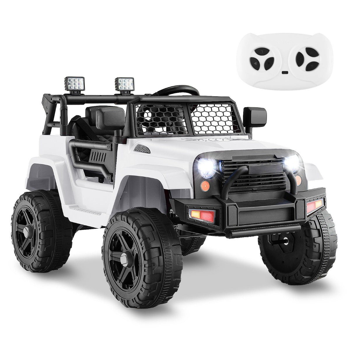 Children's electric truck with manual pedal steering and a parental remote control featuring three speeds