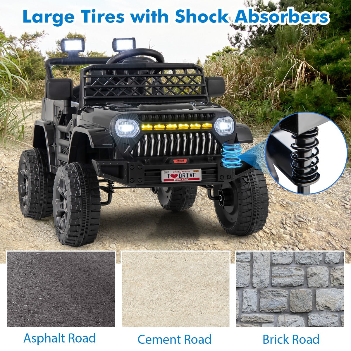 Realistic children's truck with steering wheel horn, rearview mirror and easy pedal operation