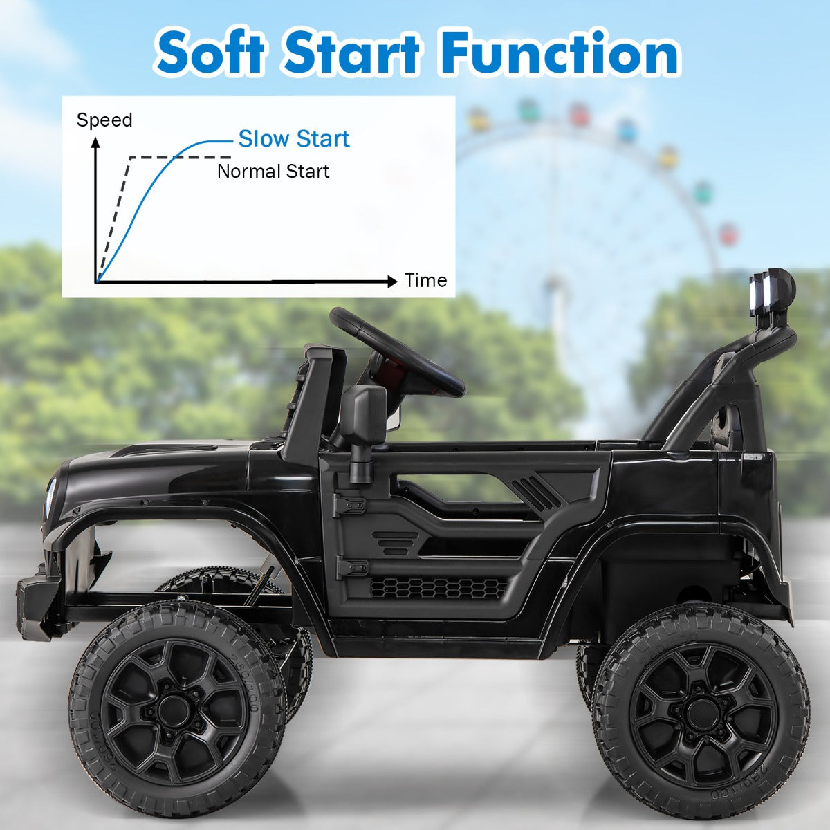 Ride-on truck featuring USB and wireless music playback, volume control and a convenient battery indicator