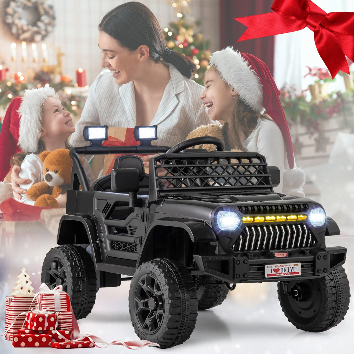 Black, pink, red or white children's ride-on truck with bright LED lights for a lively driving experience