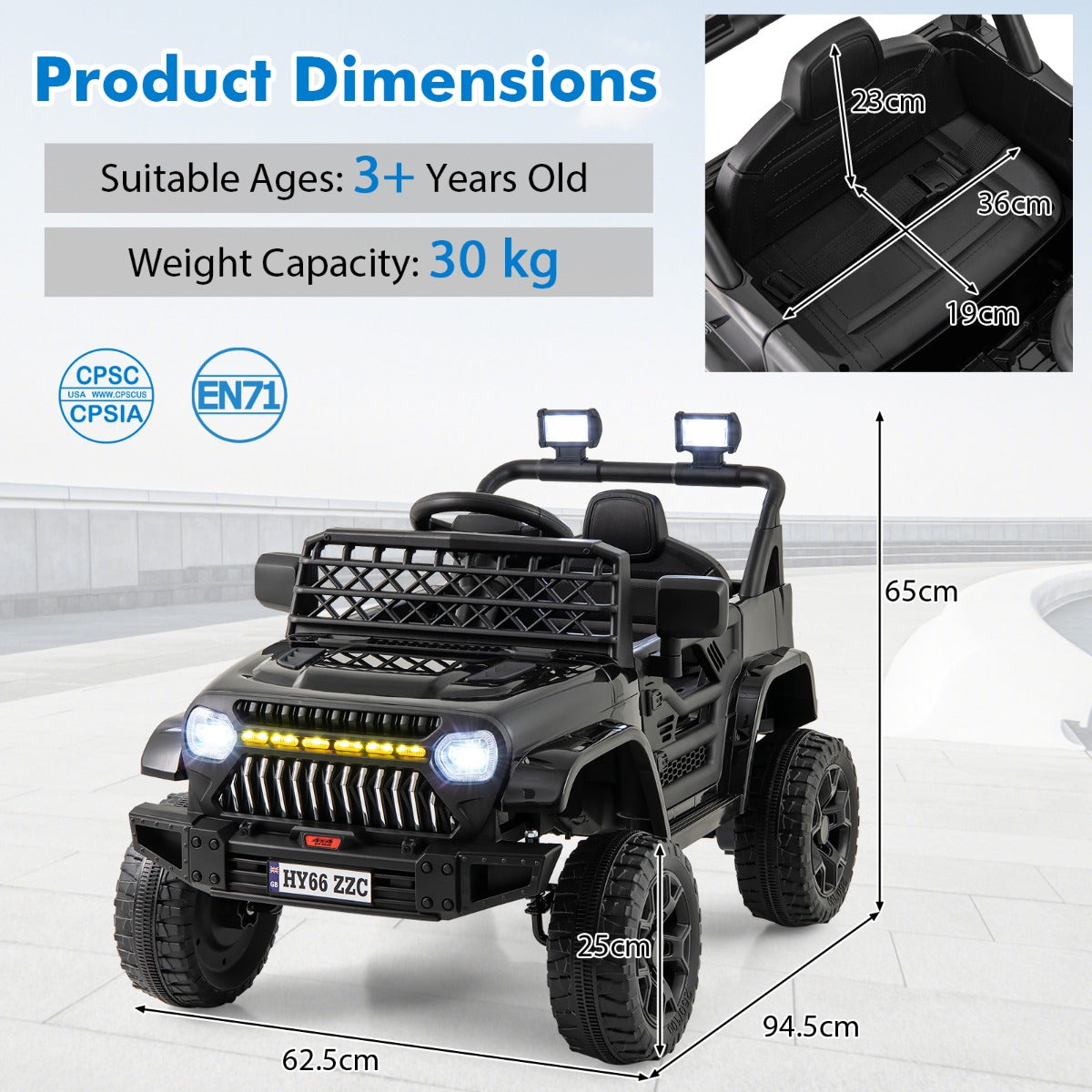 12V kids ride-on truck with dual motors, LED lights, music and remote control for exciting playtime